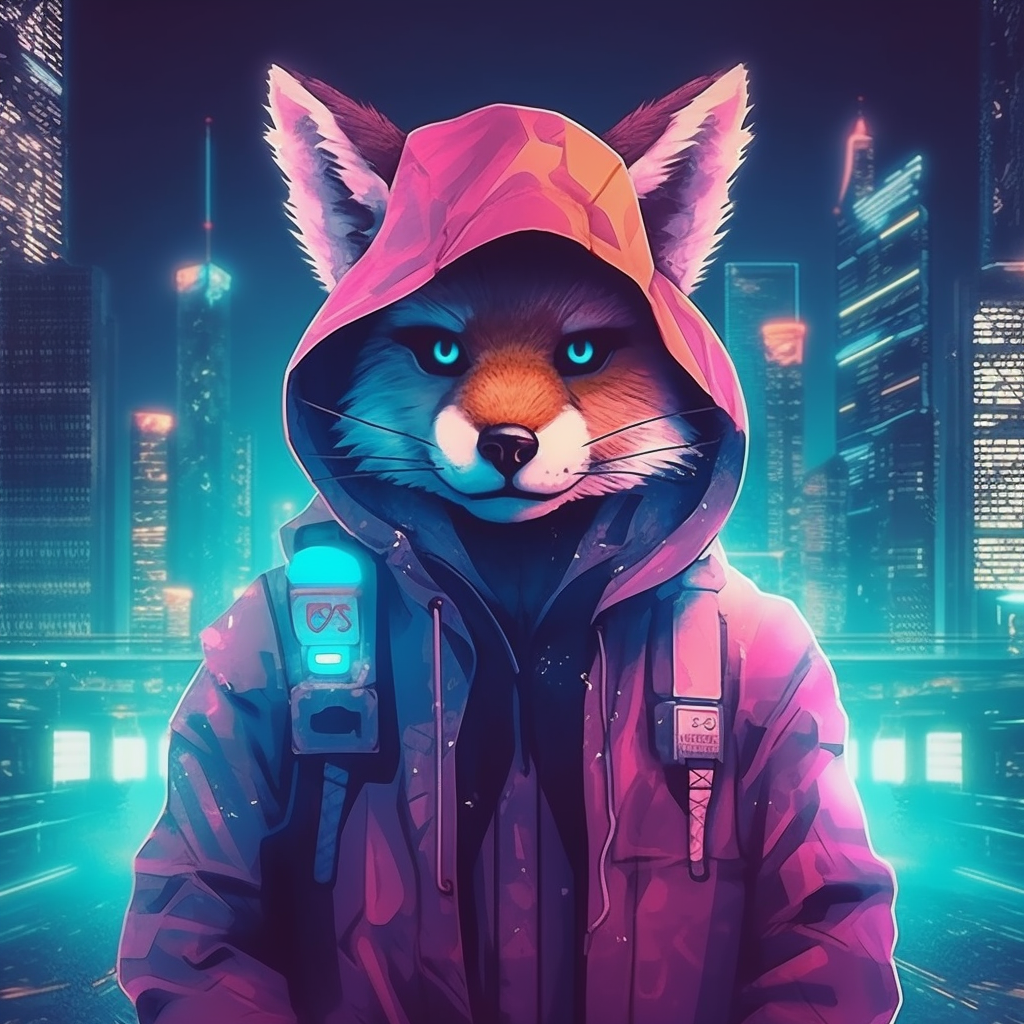 synthwave portrait of a fox wearing a hoodie with a futuristic cityscape